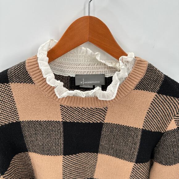 ANTHROPOLOGIE Tan Black Plaid Ruffle Collar Sweater // S - Picture 4 of 10